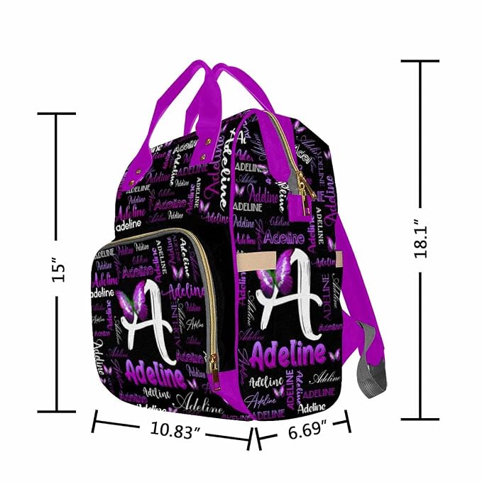 InterestPrint Custom Name Diaper Bag Personalized Purple Butterfly Logo Text Nappy Bags Customized Signature Diapering Bag Casual Daypack Travel Backpack Shoulder Bag for Hiking Camping Work