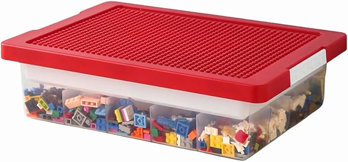 Toys Storage Organizer Box for Lego, Toy Storage Box with Building Plate Lid and Removable Tray, Building Block Storage, Stackable Plastic Organizer Bins(Red)