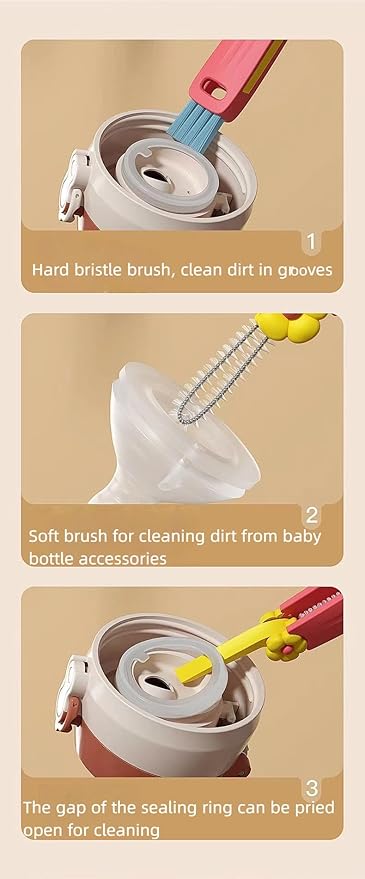 3 in 1 Cup Lid Cleaning Brush, New Cup Lid Cleaner with Brush, Multifunctional Portable Crevice Cleaning Brush Set for Baby Bottle Gap Tight Spaces, Home Kitchen Cleaning Tools (Multicolorx)