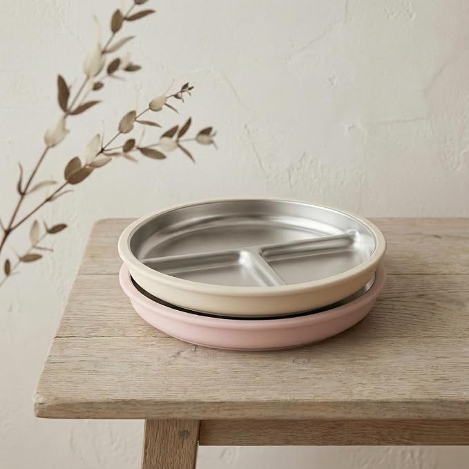 Stainless Steel Baby & Toddler Plate with Suction, Set of 2 Divided Plates with Removable Silicone Sleeves, Non Toxic BPA Free Non-Slip Unbreakable Kids Dishes (Tofu & Pearl Blush)