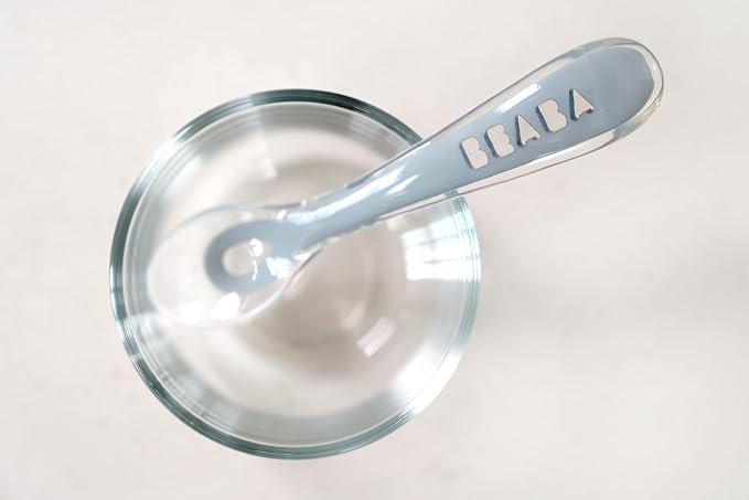 BEABA Toddler's Self-Feeding Spoon Set with Travel Case, Original Silicone Baby Spoons, Baby Essentials, Travel Set, Sage + Cloud