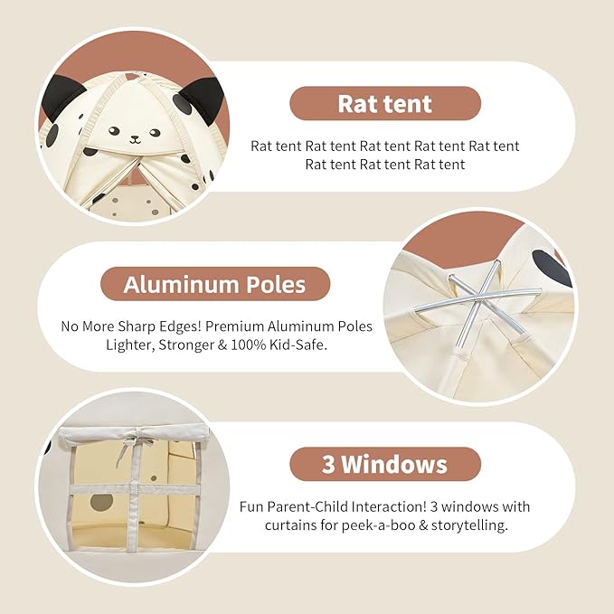 Kids Play Tent Little Mouse Design - Large 55" Indoor Playhouse with Premium Aluminum Poles, Soft Peach Skin Fabric, 1 Door & 3 Windows for Boys and Girls Ages 3+, Warm Play Room & Home Decor (Mousie)