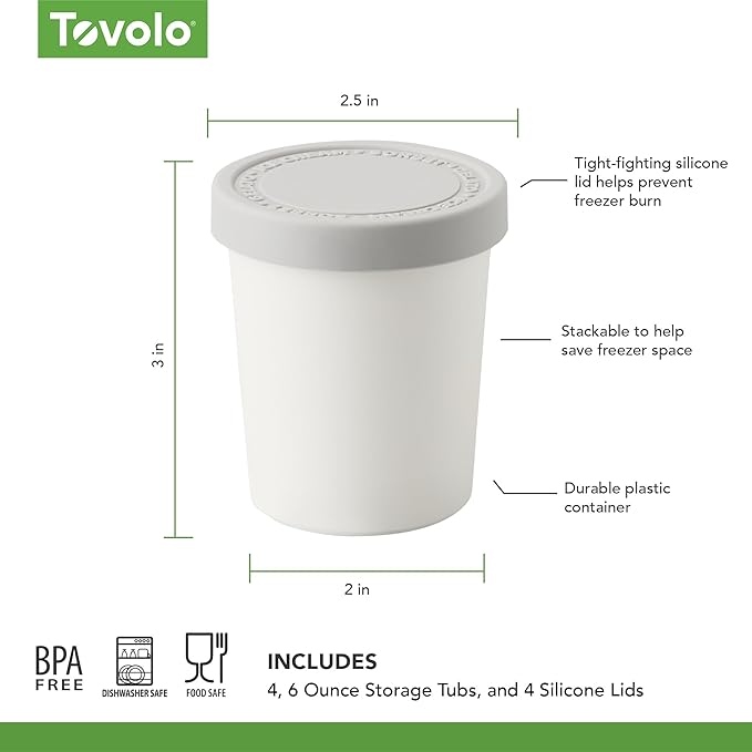 Tovolo Sweet Treat, Reusable Ice Cream Container for Homemade Ice Cream, Assorted Colors Set of 4-6 Oz Stackable Storage Tubs with Silicone Lids for Freezer - BPA-Free & Dishwasher-Safe