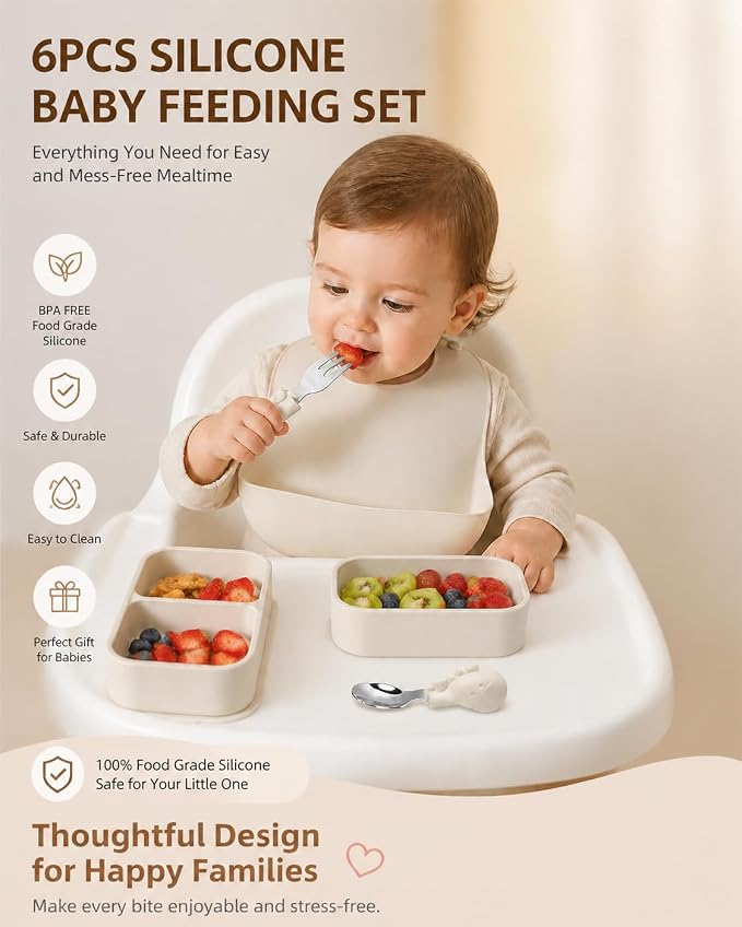 Travel Silicone Baby Feeding Set with 316 Stainless Steel Spoon & Fork, Silicone Suction Plates, Foldable Bib, Storage Bag - Portable Infant Toddler Utensils, 6-Piece BPA-Free Dishware Kit (Beige)