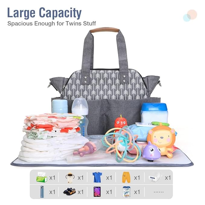 Lekebaby Diaper Bag Tote, 17 Pockets Large Travel Diaper Tote Waterproof with Portable Changing Pad, Mom Crossbody Hospital Bag for Labor Delivery, Baby Essentials for Newborn Gifts, Grey