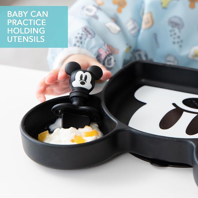 Bumkins Disney Mickey Mouse - Silicone Grip Dish, Training Chewtensils - For Ages 6 Months+ - Suction Base - 100% Food-Safe Silicone - Oven, Microwave, Freezer, & Dishwasher Safe