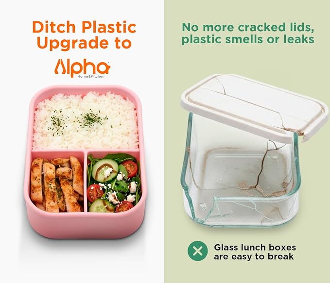 Silicone Bento Box for Kids, 3 Compartment Lunch Box, Small Portions, BPA Free Snack Container, Leak Resistant, Easy to Clean, Dishwasher Safe