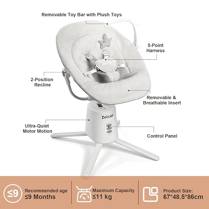 Zoicay Baby Swing,Baby Swings for Infants with 3 Modes & 5 Speeds, BT Enabled App & Remote Control, Electric Swing – 6 Melodies and 3 Timer Setting, 2 Seat Positions and 5-Point Harness Swing (White)