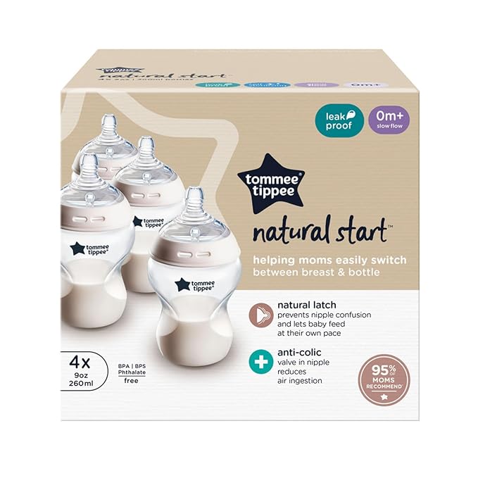 Tommee Tippee Natural Start Anti-Colic 9 oz BPA Free Baby Bottles, 0+ Months, Slow Flow Breast-Like Nipple, Self Sterilizing, Designed for Seamless Transition Between Bottle & Breast, Clear, Pack of 4