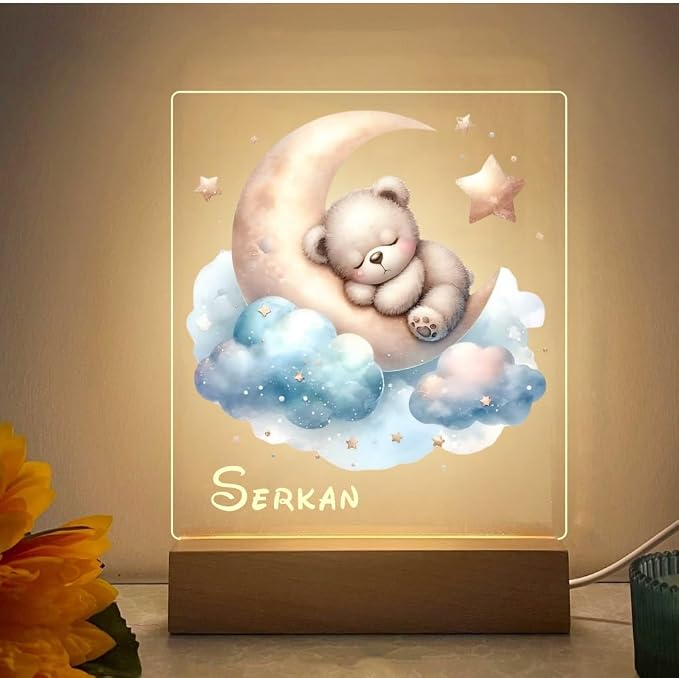 Custom Name Baby Night Light, Adorable Animal Pattern LED Nursery Lamp, Thoughtful Personalized Gift for Newborn Boy & Girl, Acrylic Bedside Decor (Bear_Blue)