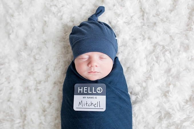 Lulujo Birth Announcement Hat & Swaddle Blanket Set| Unisex Softest Bamboo Viscose Muslin Baby Swaddle Blanket| Receiving Blanket | 47in x 47in| Navy