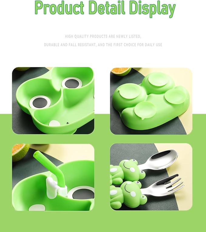 4-Piece Silicone Baby Feeding Set ??Baby Suction Plate with Spoon & Fork ??Unbreakable Food-Grade Toddler Plates Strong Suction ??Baby Led Weaning Essential,Utensils for 6-12 Months Toddler Dinnerware