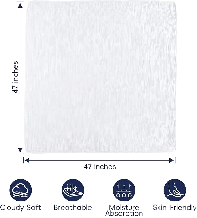 PHF Baby Muslin Swaddle Blanket, 100% Cotton Soft Breathable Receiving Blankets for Boys and Girls, 4-Layer Swaddle Wrap Burping Clothes, Baby Essentials, Large 47 x 47 inches, White