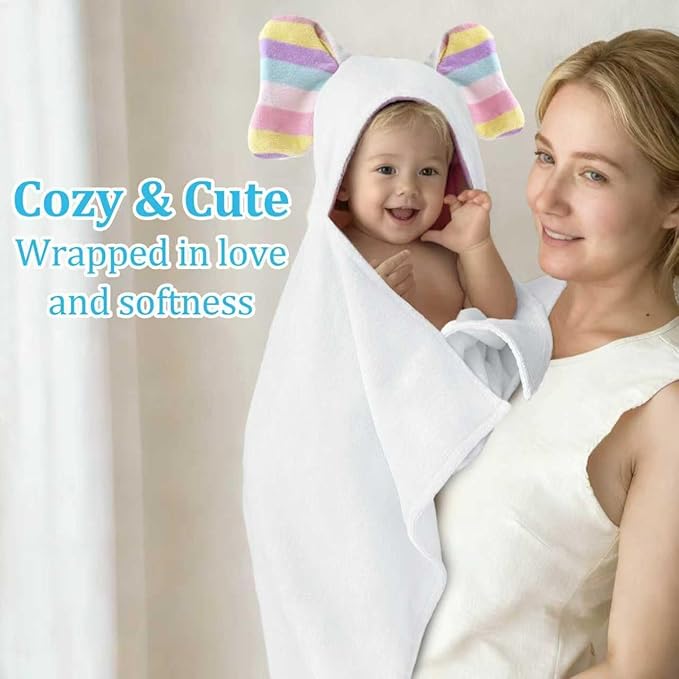 VOOVA & MOVAS Cute Elephant Ears Large Hooded Towel for Baby ??100% Cotton, 420GSM, Thick & Super Absorbent ??33" x 31.5", for 0??8 Months ??Newborn, Toddler, Infant Bath Towel, Baby Essentials,White
