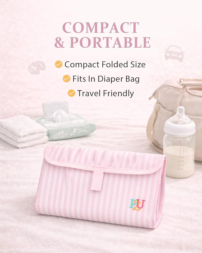 PZU Portable Diaper Changing Pad - Waterproof Travel Changing Mat with Built-in Pillow, Gifts for Baby Shower, Newborn Girls & Boys(Pink Stripes)