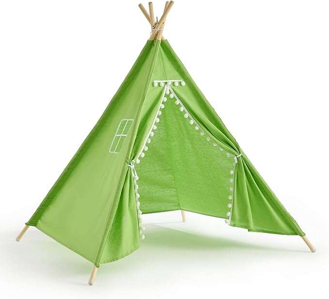 2 Pack Teepee Tent for Kids, Children Play Tents for Girls & Boys Slumber Party, Cotton Linen Playhouse Sleepover Tent with Pompom & Lights