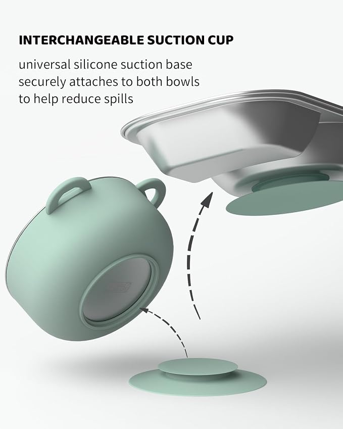 Bakpoco Toddler Plates and Bowls Set Stainless Steel Feeding Set with Suction, Detachable Baby Bowls, Kids Plates, Cup & Utensils, Baby Feeding Essentials for Self Feeding, Dinnerware Set, Sage