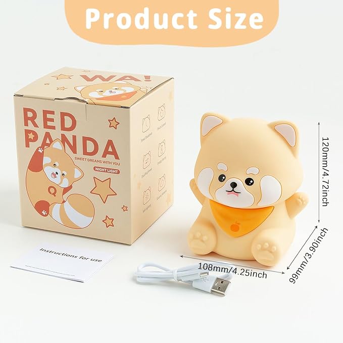 Rytinazzz Silicone Night Light for Kids, 50H Long Battery Red Panda Lamp, Cozy Gift Light for Kids, Soft Dimmable Bedside Light, Rechargeable Tap Control