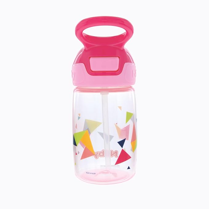 Nuby Kid’s Flip-it Reflex Push Button On-The-Go Printed Water Bottle with Soft Spout - 12oz / 360ml, 18+ Months, 1pk - Pyramids