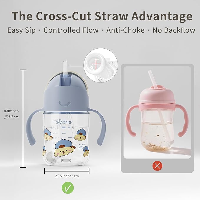 Evorie Tritan Weighted Straw Sippy Cup with Handles for Baby and Toddlers, Spill Proof Baby Water Bottle with Straw for 6 months and up, 7 Oz, Infant Training Water Bottle (Puppy Blue)