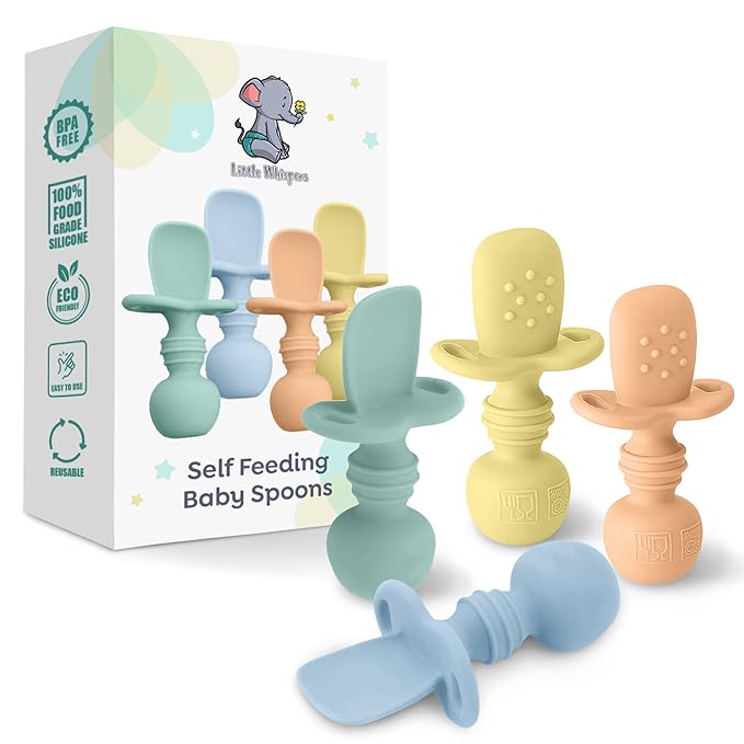 LittleWhispers Baby Silicone Spoons - Self Feeding 6 Months - Infant, Toddler, & Kid Friendly Utensils - First Stage, Baby Led Weaning - 4 Pack Utensil Set (Pastel)