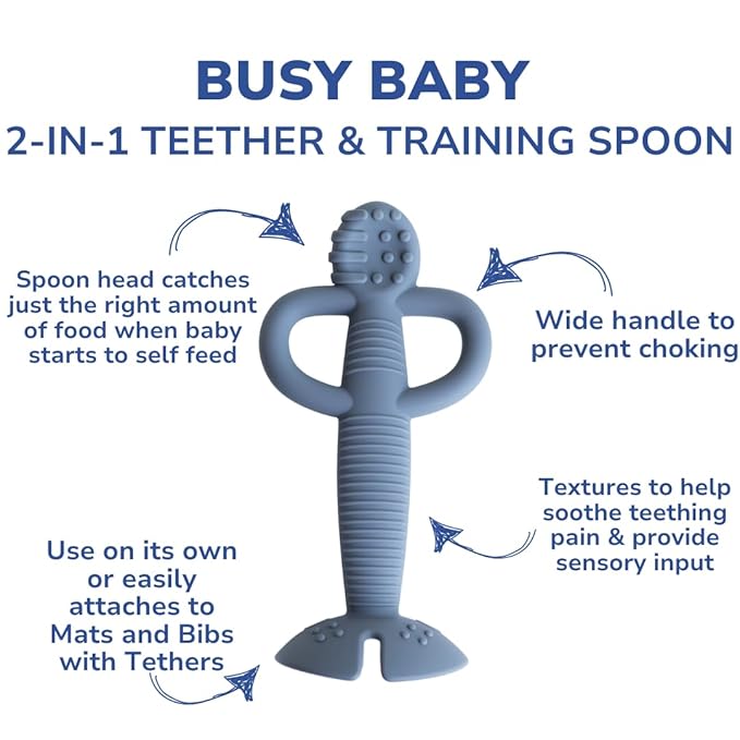 Busy Baby Teething Spoon - 2-in-1 Teether and Training Spoon for Self Feeding, Dishwasher Safe, BPA Free, Food Grade Silicone (Pewter)
