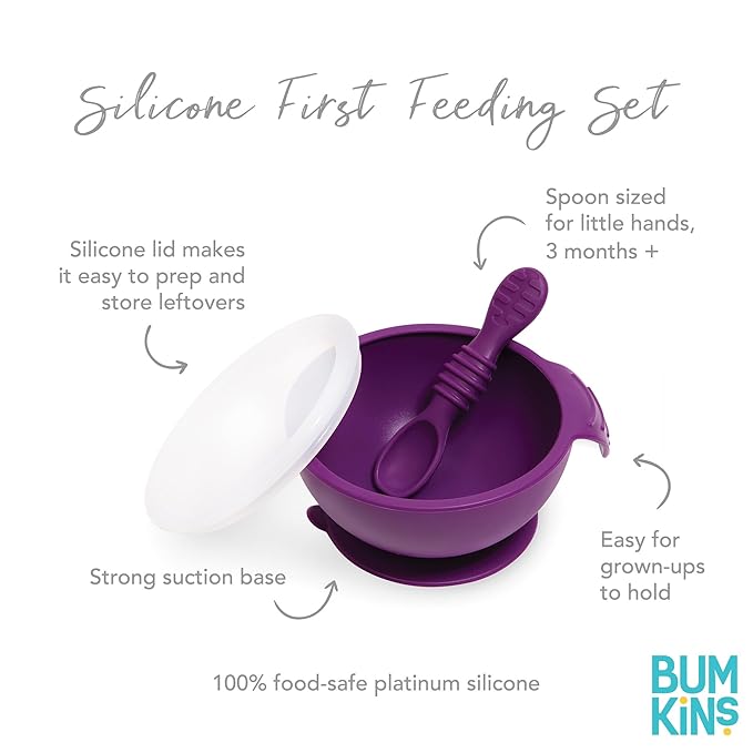 Bumkins Suction Silicone Baby Feeding Set, Bowl, Lid, Spoon, BPA-Free, First Feeding, Baby Led Weaning - Purple