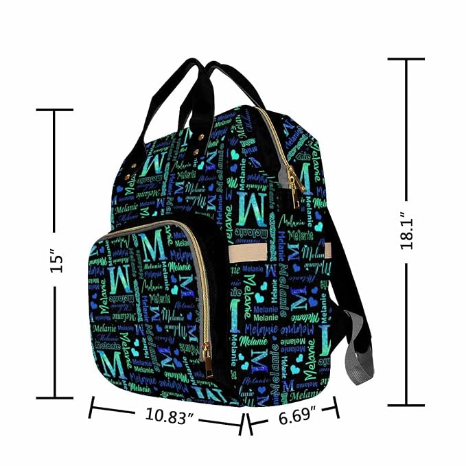 InterestPrint Custom Name Diaper Bag Personalized Black Blue Green Glitter Logo Text Nappy Bags Customized Signature Diapering Bag Backpack Casual Daypack Travel Shoulder Bag for Hiking Camping Work