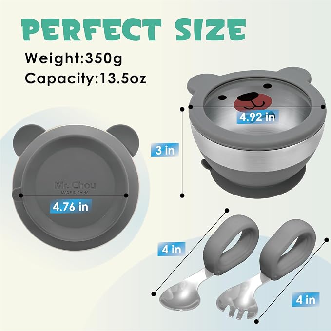 MR. CHOU Baby Bowl Set with Spoon & Fork, Insulated Double-Layer 18/8 Stainless Steel Toddler Bowls with Silicone Suction Cup & BPA Free Airtight Lids, Food Grade Infant Self-Feeding Bowl, Gray