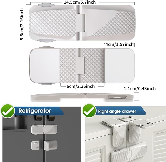 2 Pack Cabinet Locks Baby Proofing, QYESWHSR Fridge Locks for Kids with 3M Adhesive Pad, Child Proof Cabinet Locks French Door Refrigerator Freezer Lock RV Refrigerator, Oven Lock Easy Use (White)