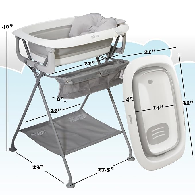 Primo SquishSplash Collapsible Baby Bath & Folding Stand With Ergonomic Infant Cushion for Newborns & Toddlers - Complete Bathing Station - Compact Space Saving Design, Ages 0-24 Months