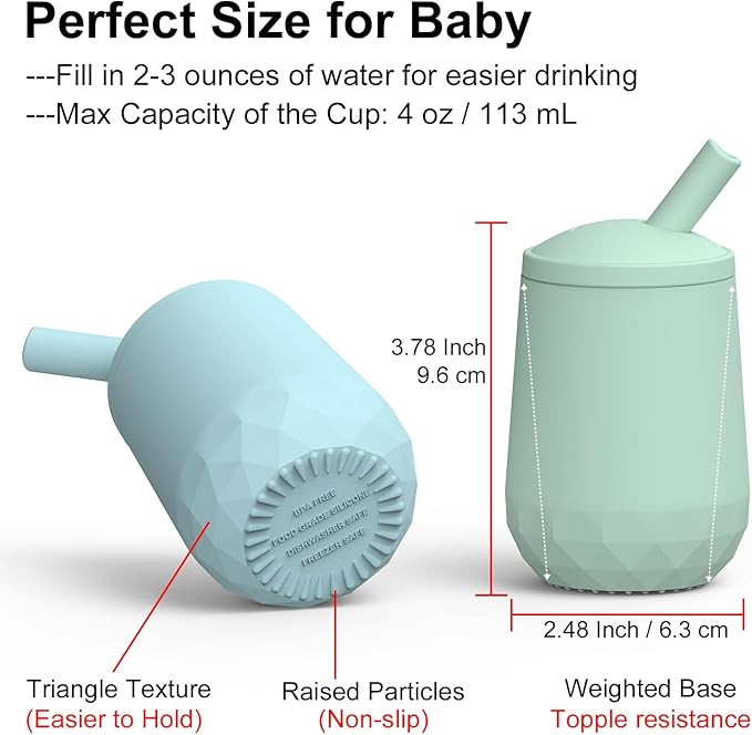 Seposeve 2 Pack Silicone Straw Cups, Leak-Proof Baby Sippy Cup for 6 Months +, Spill Proof Toddler Cup with Straw 12-24 Months, Easy to Hold, Flow Control, 4 oz, Green Blue