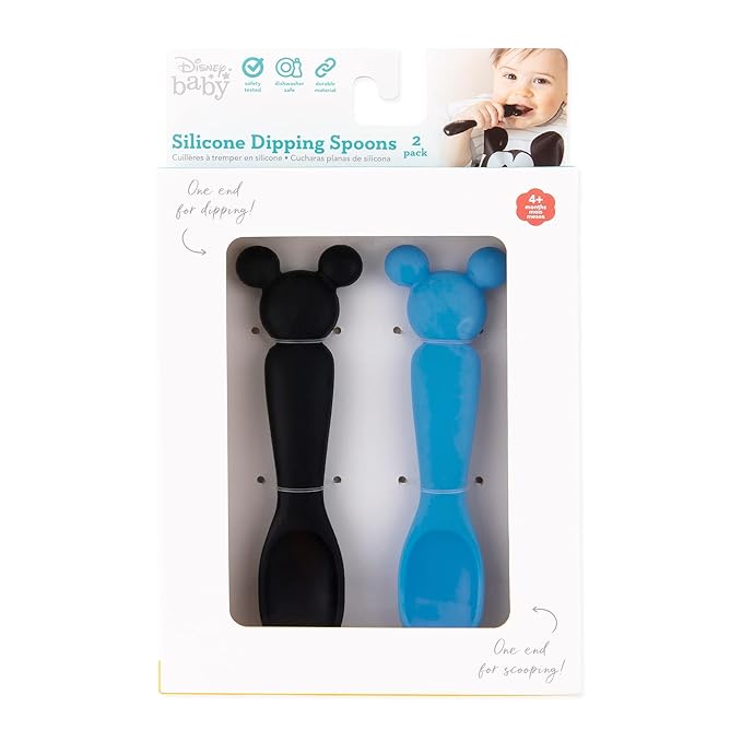 Bumkins Disney Baby Utensil Set, Silicone Trainer Spoons for Dipping, Soft Tip, Self-Feeding, Chew, Baby Led Weaning, First Year Training Supplies, Essentials First Eating, 4 Mos, 2-pk Mickey Mouse