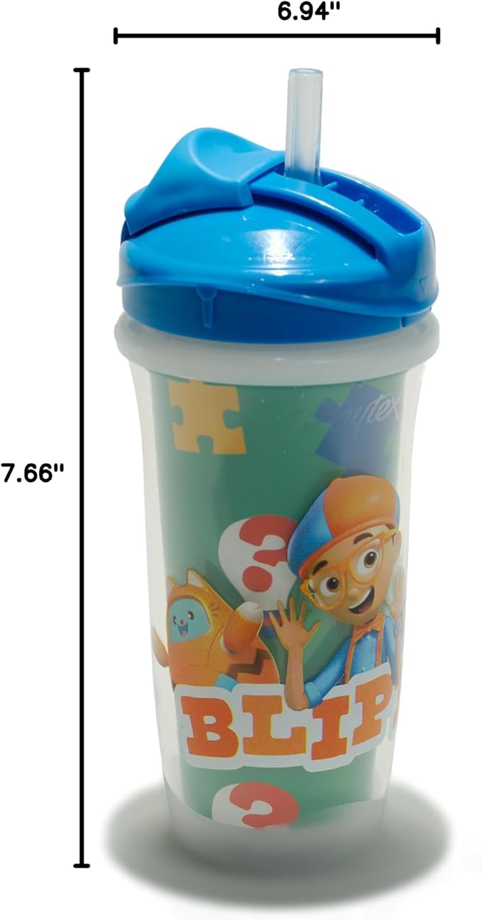 Playtex Baby Sipsters Straw Sippy Cup for 12+ Months, 9 Ounce (2 Count), Blue Blippi Design, Insulated Toddler Water Bottle for Kids, Spill-Proof Cups for Toddlers 1-3, Stage 3