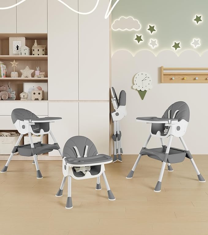 Baby High Chair, 5 in 1 High Chairs for Babies and Toddlers, Travel Foldable High Chair with Detachable PU Cushion, Double Removable Tray, Adjustable Height & Recline, Locking Wheels (Grey)