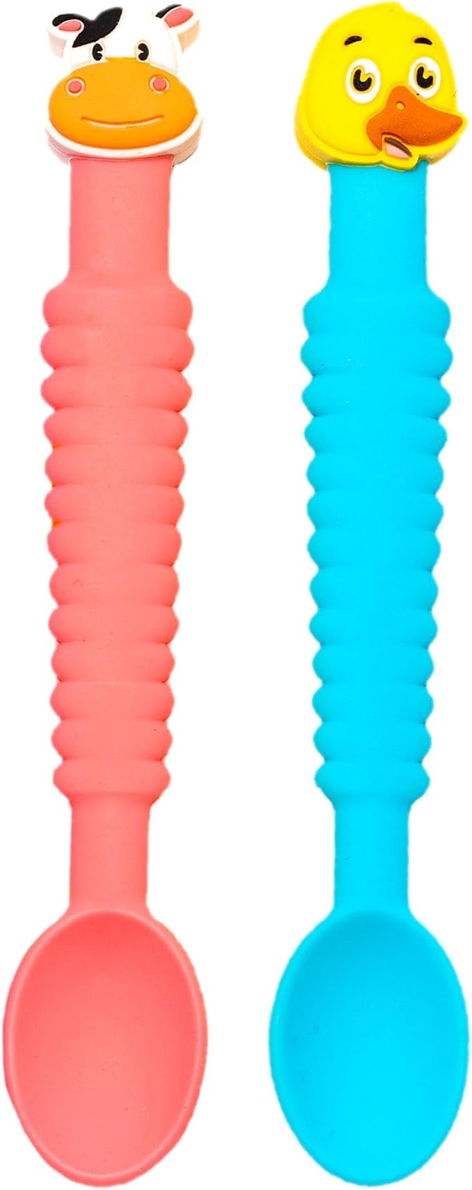 3-in-1 Silicone Baby Spoon Self Feeding 6+ Months - Pediatric OT Designed Teether Spoon, BPA Free Toddler Utensils, Mess-Free, Fun for Baby Led Weaning Supplies, Cow & Duck
