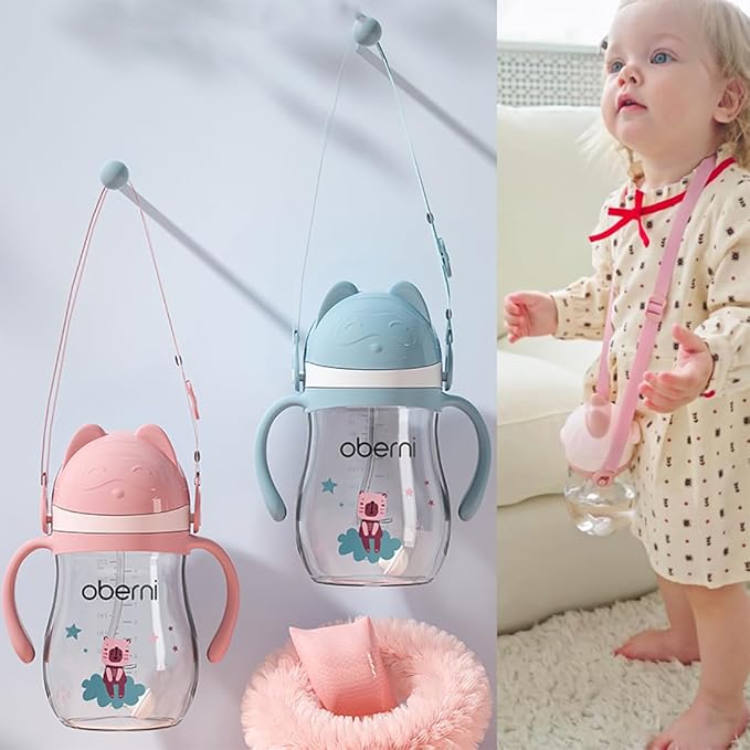 Oberni Toddler Sippy Cup, Tritan Baby Water Bottle With Non-Spill Valve Spout, Removable Handle and Carry Strap, 270ml/12m+/Pink/Pack of 3