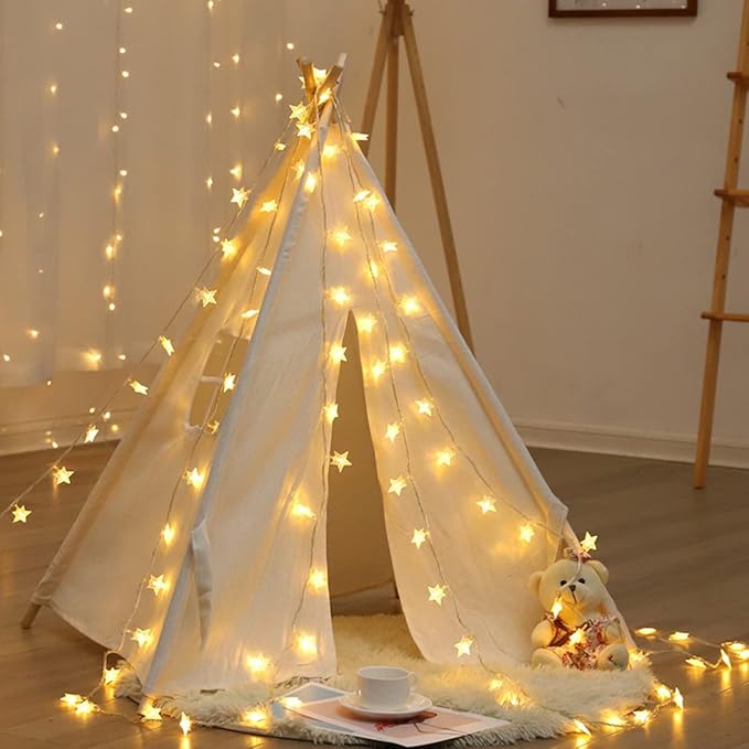 Teepee Tent with Star Lights & Carry Case, Luxury Lace Washable Foldable Toddler 100% Cotton Play Tent for Indoor Outdoor Party Girls & Boys, White