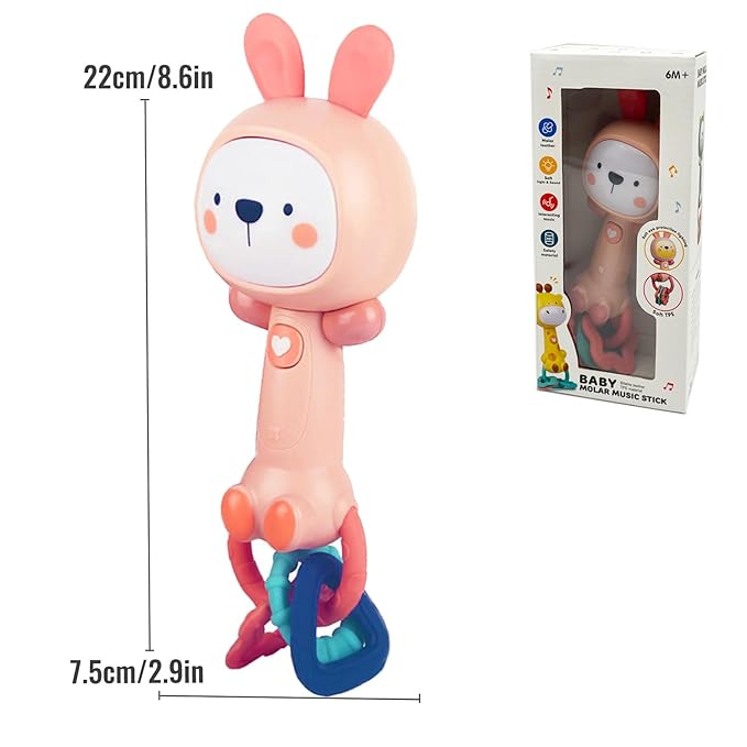 Soft Pink Bunny Baby Musical Rattle Toy - Light-Up Teether & Sensory Chew, BPA-Free Soft Rubber, Baby Shower & 1st Birthday Gift for 6-18 Months 1+ Year Old