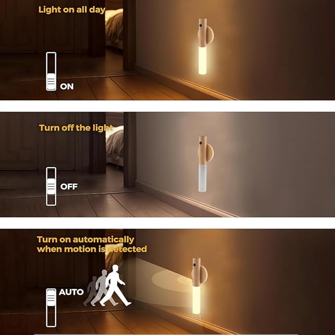 LANDGOO 1-Pack Magnetic Night Light with Motion Sensor, Ash Wood Cylindrical Rechargeable LED Lamp, White Light Only, Portable Bedside Light for Bedroom Nursery