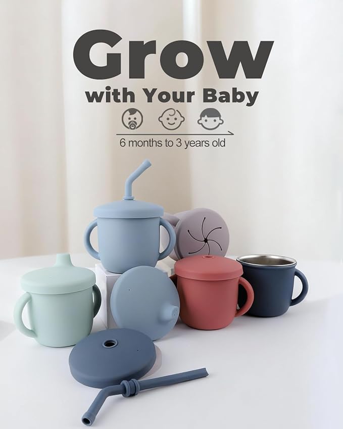 Bakpoco 4-in-1 Stainless Steel Silicone Sippy Cup, 8.5oz Toddler Open Cup with Straw, Sippy & Snack Lids, For Baby Led Weaning, Toddlers 1-3 Years Trainning Kids Drinking, Dishwasher Safe, Lilac