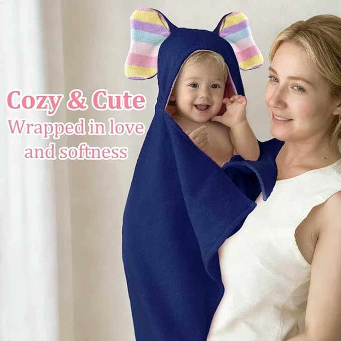 VOOVA & MOVAS Navy Baby Bath Towel with Cute Elephant Ears Hood ??Super Absorbent, 100% Cotton, 420GSM ??33" x 31.5", Pink ??Thick Towel for 0??8 Months ??Newborn, Toddler, Infant, Baby Essentials