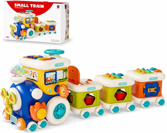 Baby Activity Cube Toys 12-18 Months, Montessori Musical Train with Lights & Sounds, Shape Sorter Busy Cube, Multifunctional Learning Toys for Toddlers 1-3 Boys Girls
