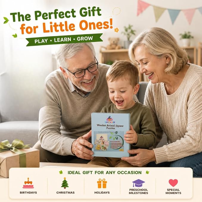 MAGICACORN Wooden Animal Puzzles for Toddlers – Montessori Educational Learning Toys for Preschoolers, Farm Animal Jigsaw Puzzle Set, Safe & Durable Gift for Boys & Girls, Christmas Birthday Present
