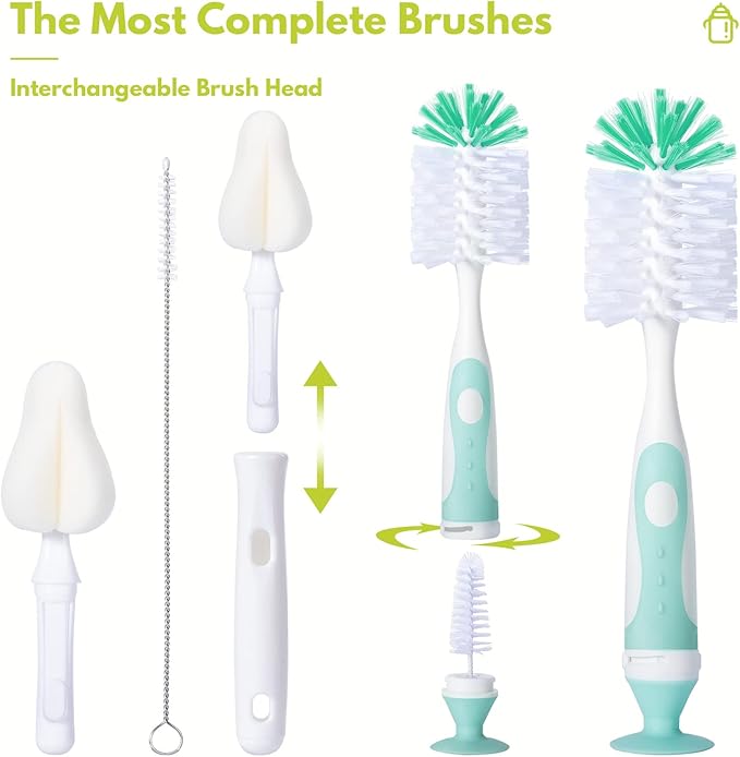 CAREBABYMORE Baby Bottle Brush Set with Nipple Cleaner and Suction, 10.2" Cleaning Brush and 6.5" Sponge Bottle Brush with A Replacement Brush Head and Two 6.7" Straw Brushes, Pack of 5 (Pink)