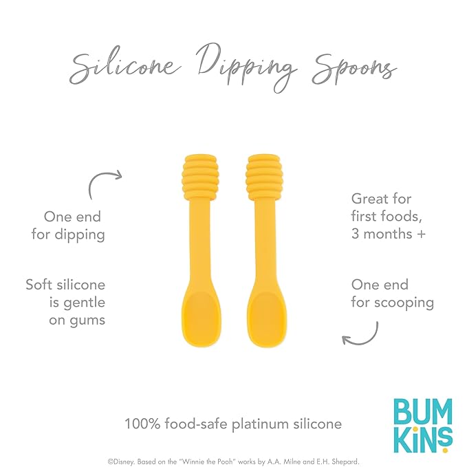 Bumkins Disney Baby Utensil Set, Silicone Trainer Spoons for Dipping, Soft Tip, Self-Feeding, Chew, Baby Led Weaning, First Year Training Supplies, Essentials in Eating, 4 Mos, 2-pk Winnie The Pooh