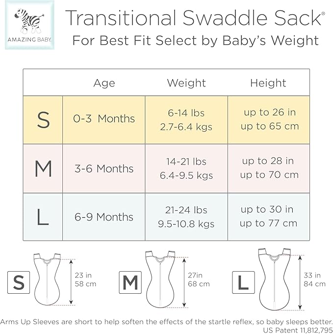 Amazing Baby Transitional Swaddle Sack, Arms Up Half-Length Sleeves & Mitten Cuffs, Swaddle for Newborn Transition to Baby Sleep Sack Wearable Blanket, Small, 0-3 Month, 6-14 lb, On Safari