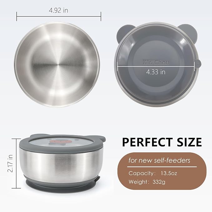 MR. CHOU Baby Bowls with Non-Slip Silicone Suction Cup, Insulated Double-Layer 18/8 Stainless Steel Toddler Bowls with BPA Free Airtight Lids, Food-Grade Silicone Safe for Kids (Gray)