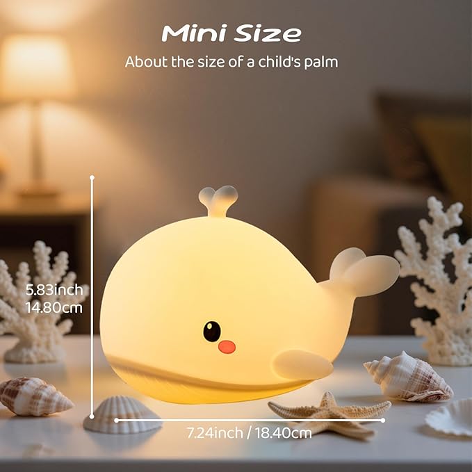 AVEKI Baby Whale Night Light, Soft Silicone Ocean Animal Light for Nursery, 3 Levels Brightness Portable Touch Bedside Lamp, Rechargeable Kid Nightlight Whale Gifts for Ocean Buddies