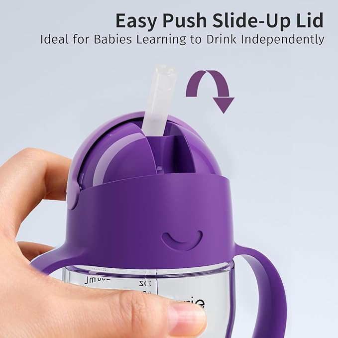 Evorie Tritan Weighted Straw Sippy Cup with Handles for Baby and Toddlers, Spill Proof Baby Water Bottle with Straw for 6 Months and up, 7 Oz, Infant Training Water Bottle (Ube)